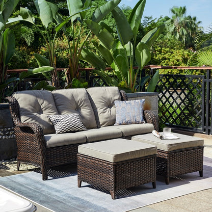 Ensemble de 3 poufs sectionnels en osier à dossier haut pour patio extérieur Gymojoy