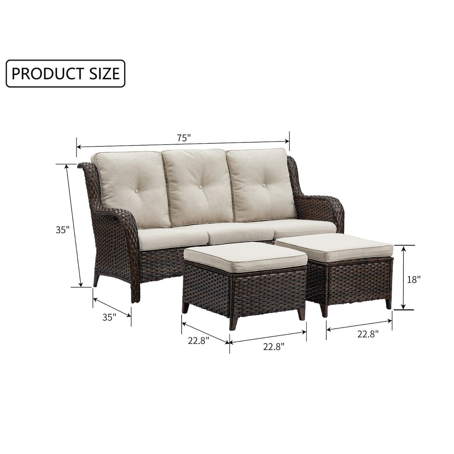 Ensemble de 3 poufs sectionnels en osier à dossier haut pour patio extérieur Gymojoy