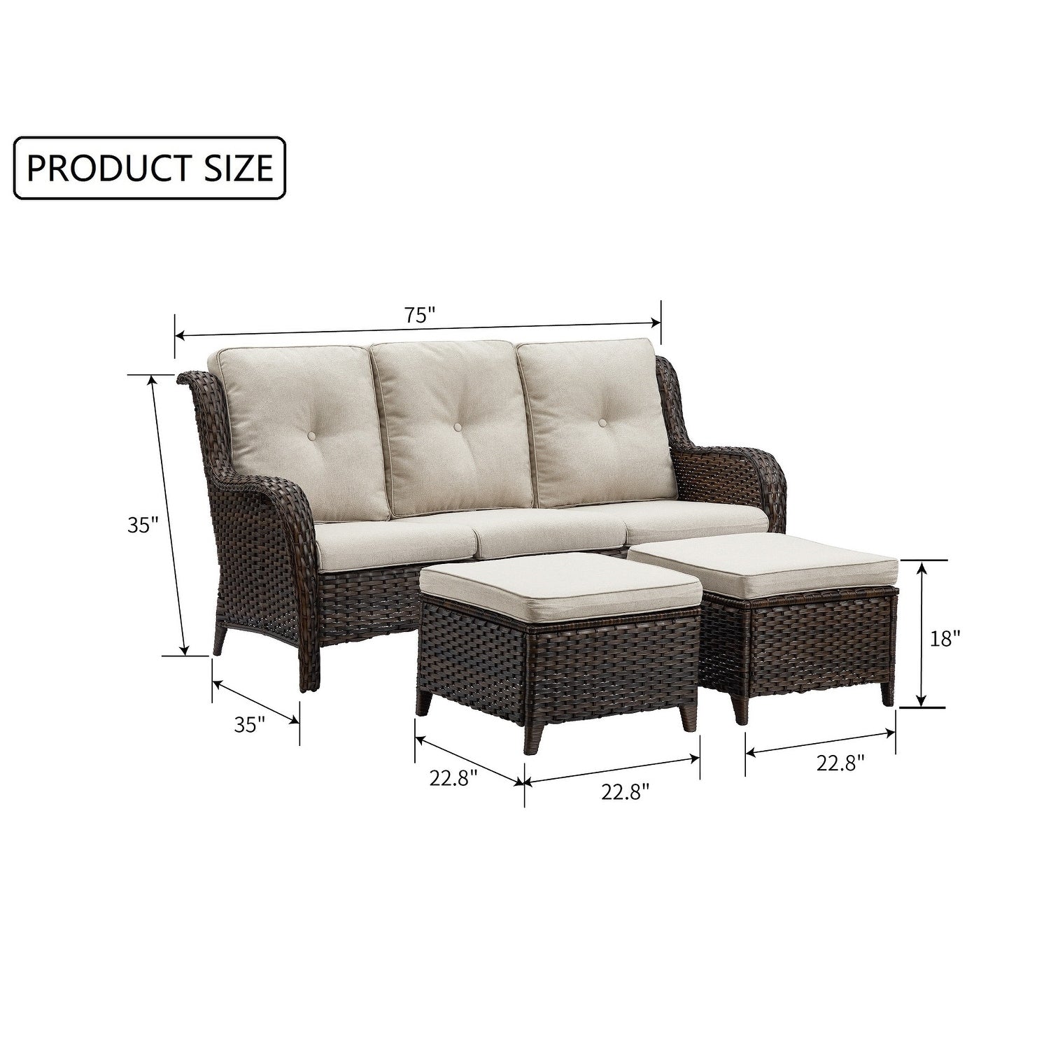 Ensemble de 3 poufs sectionnels en osier à dossier haut pour patio extérieur Gymojoy