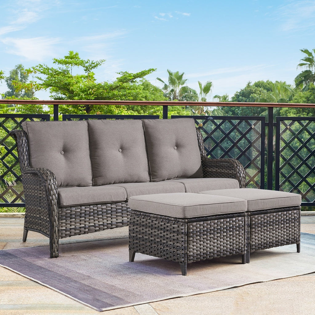 Ensemble de 3 poufs sectionnels en osier à dossier haut pour patio extérieur Gymojoy