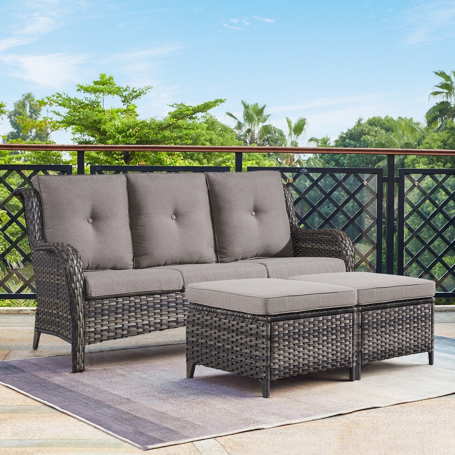 Ensemble de 3 poufs sectionnels en osier à dossier haut pour patio extérieur Gymojoy