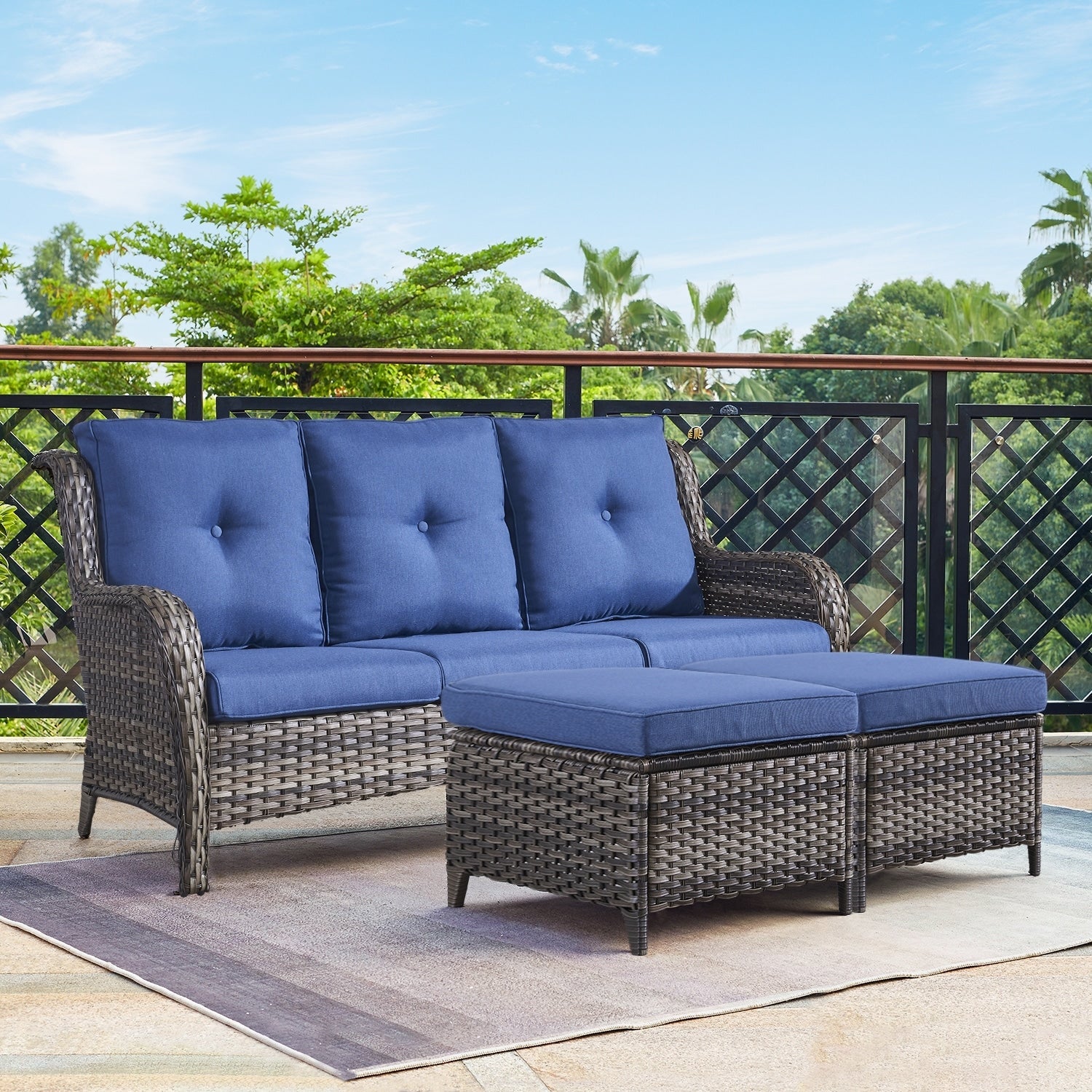 Ensemble de 3 poufs sectionnels en osier à dossier haut pour patio extérieur Gymojoy