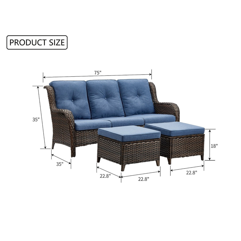 Ensemble de 3 poufs sectionnels en osier à dossier haut pour patio extérieur Gymojoy