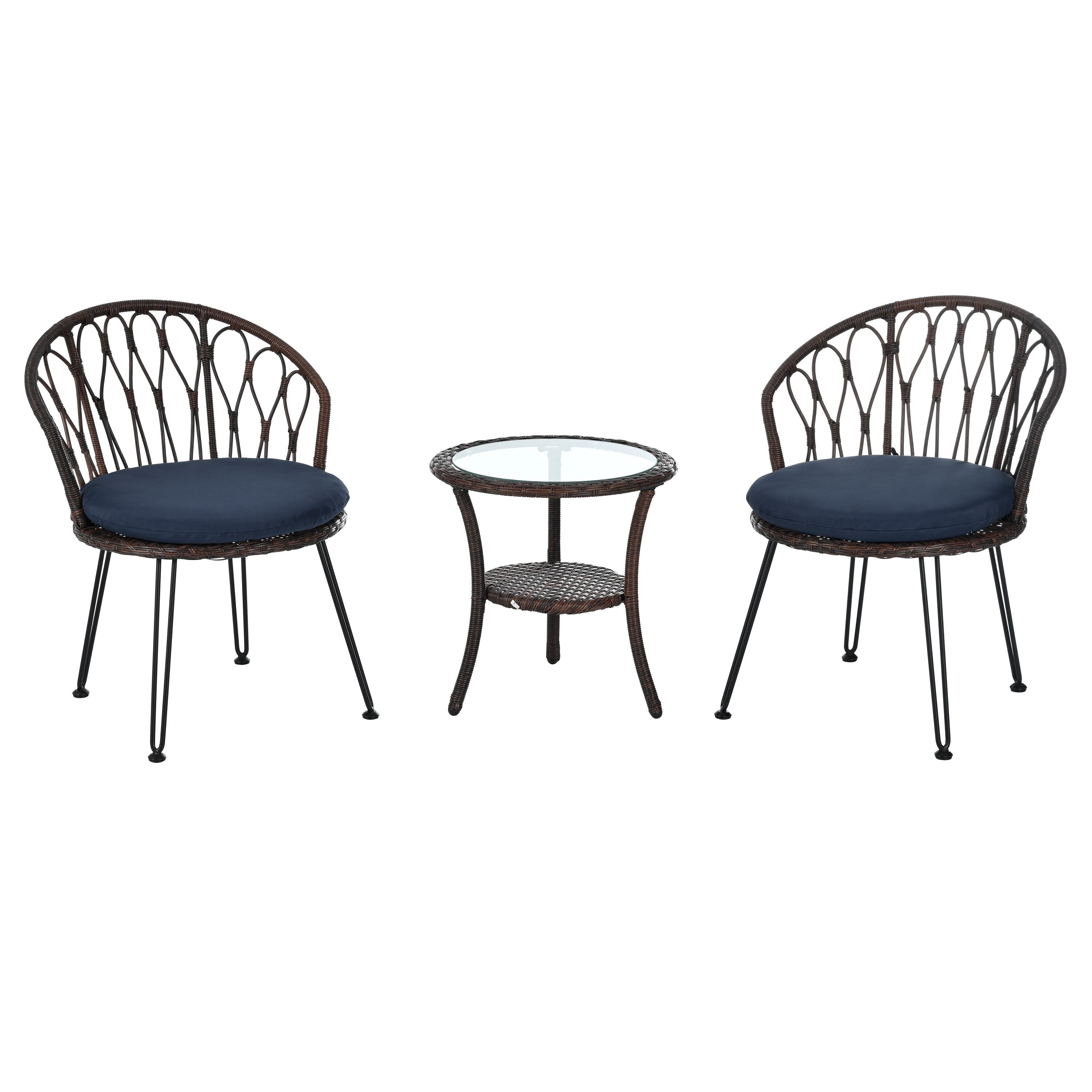 Ensemble de 3 chaises de jardin en rotin pour loisirs et conversation, avec 2 chaises et une table basse en verre