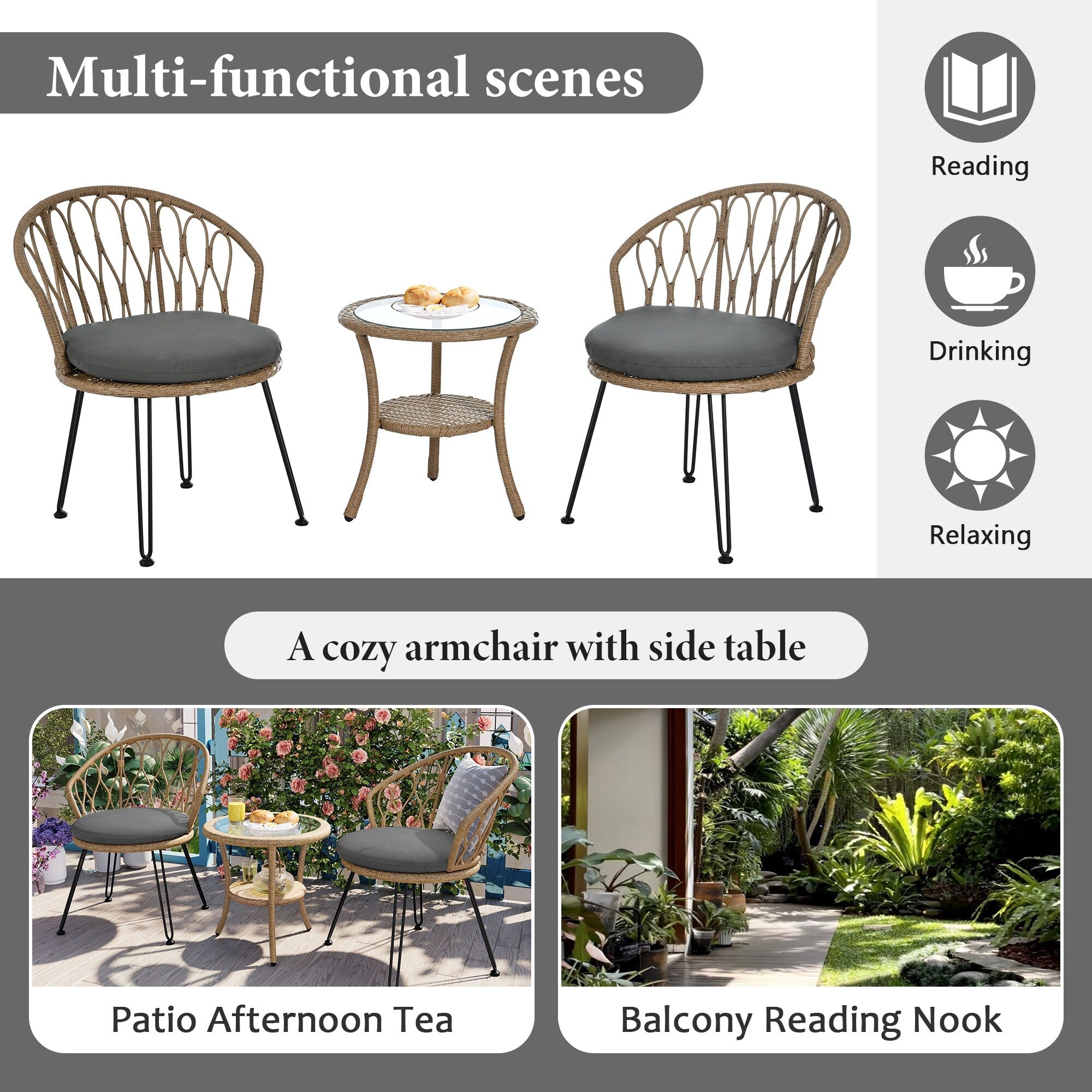Ensemble de 3 chaises de jardin en rotin pour loisirs et conversation, avec 2 chaises et une table basse en verre