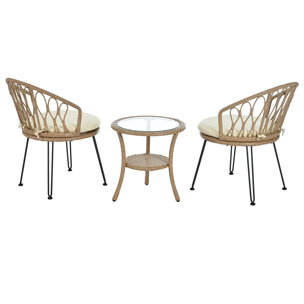 Ensemble de 3 chaises de jardin en rotin pour loisirs et conversation, avec 2 chaises et une table basse en verre