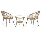 Ensemble de 3 chaises de jardin en rotin pour loisirs et conversation, avec 2 chaises et une table basse en verre