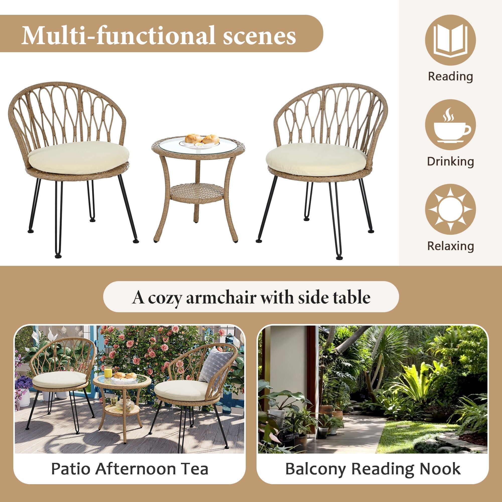 Ensemble de 3 chaises de jardin en rotin pour loisirs et conversation, avec 2 chaises et une table basse en verre