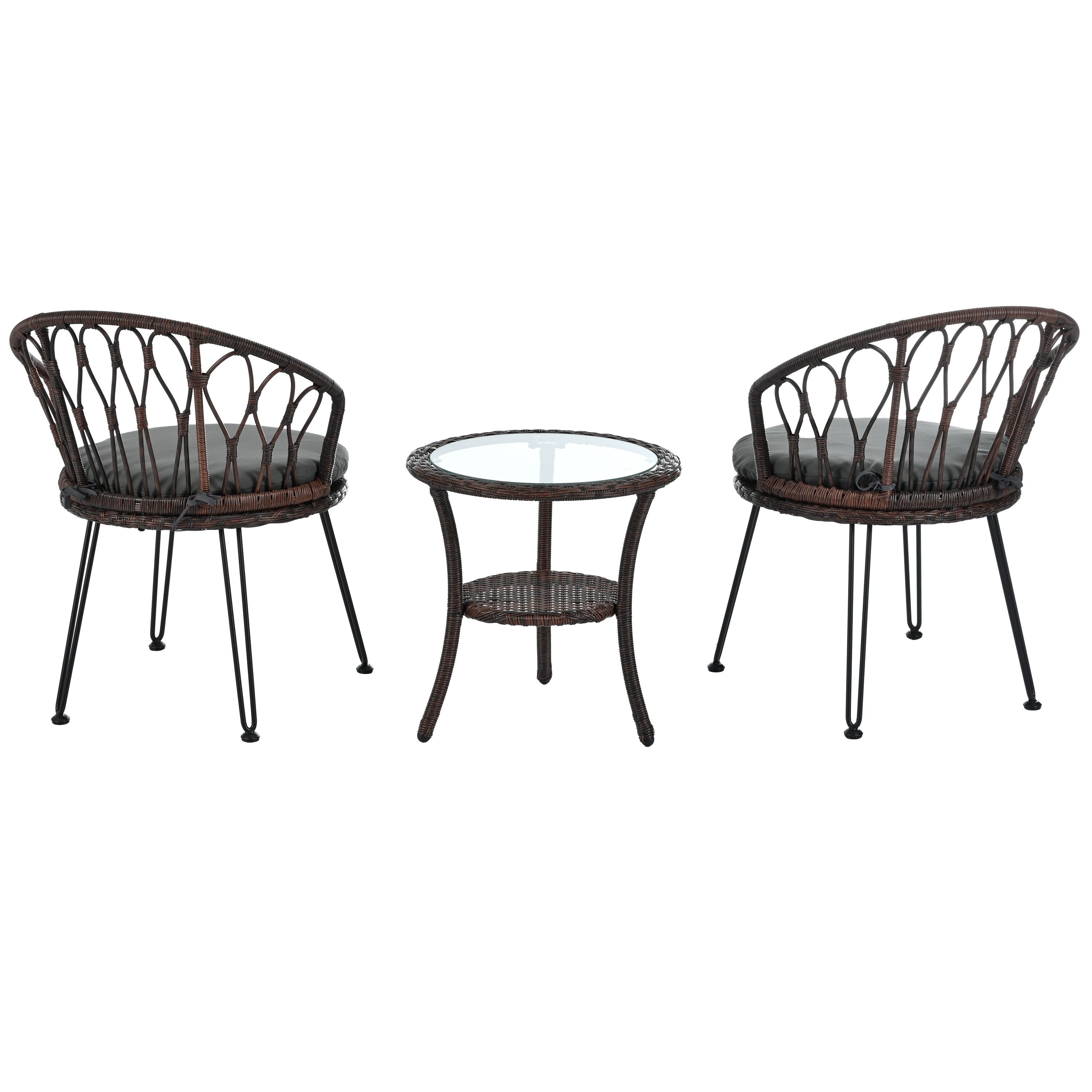 Ensemble de 3 chaises de jardin en rotin pour loisirs et conversation, avec 2 chaises et une table basse en verre