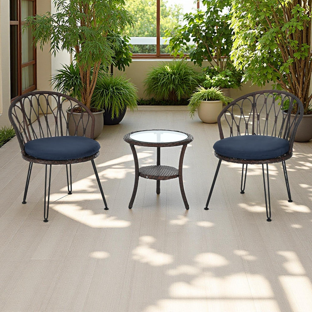 Ensemble de 3 chaises de jardin en rotin pour loisirs et conversation, avec 2 chaises et une table basse en verre