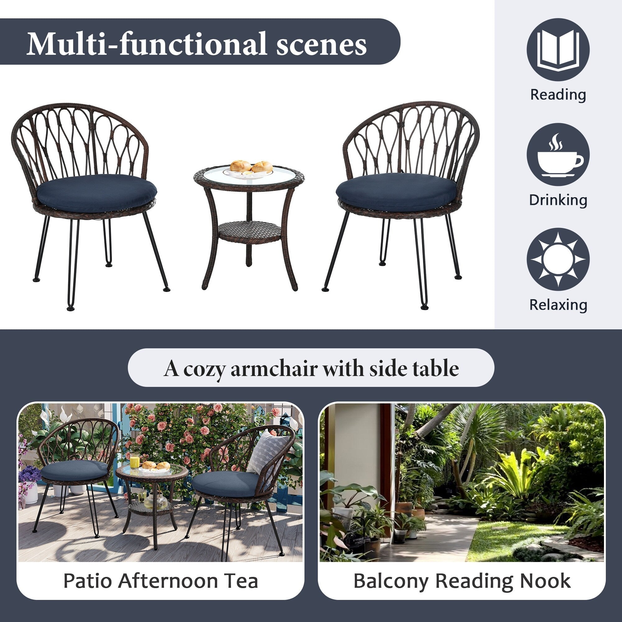 Ensemble de 3 chaises de jardin en rotin pour loisirs et conversation, avec 2 chaises et une table basse en verre