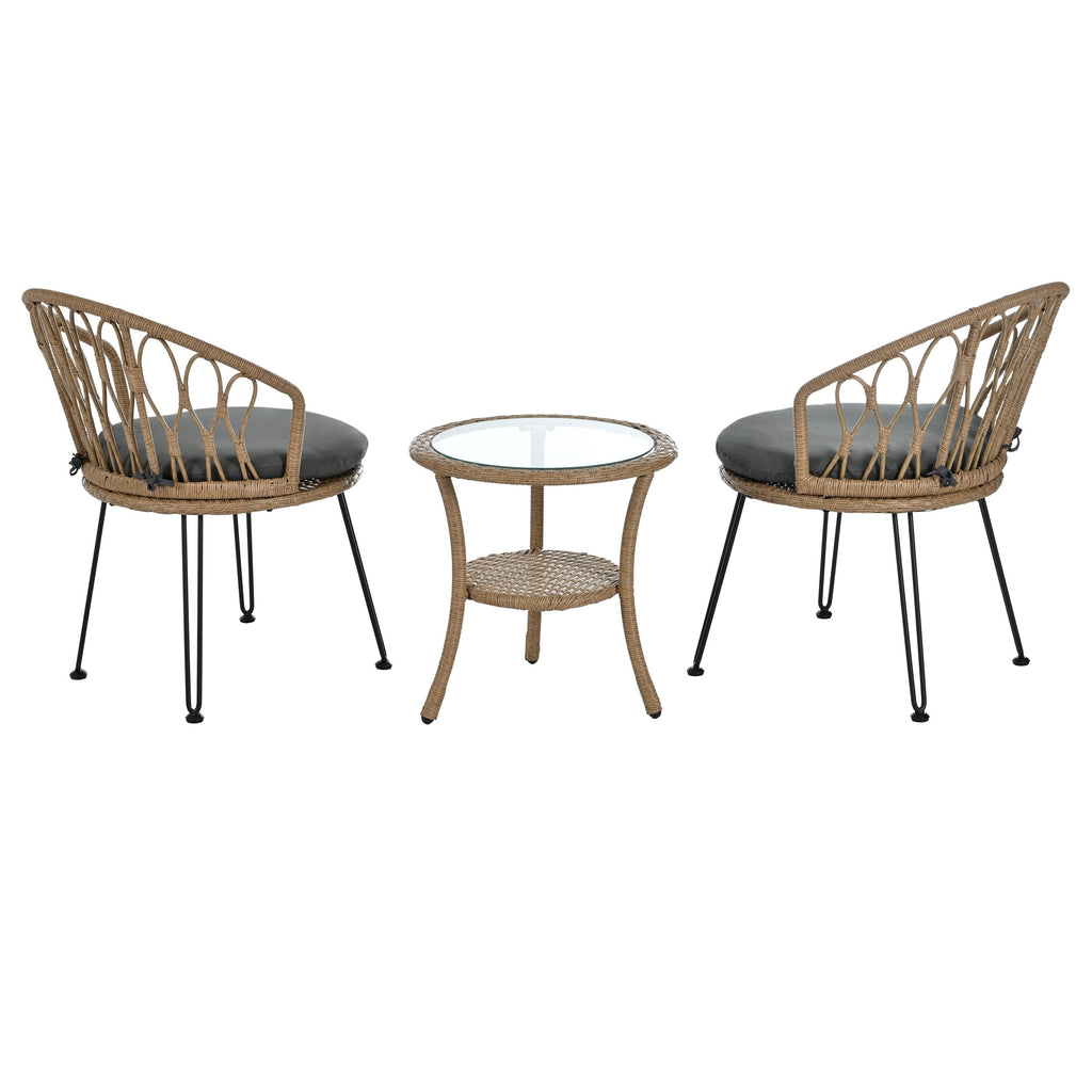 Ensemble de 3 chaises de jardin en rotin pour loisirs et conversation, avec 2 chaises et une table basse en verre
