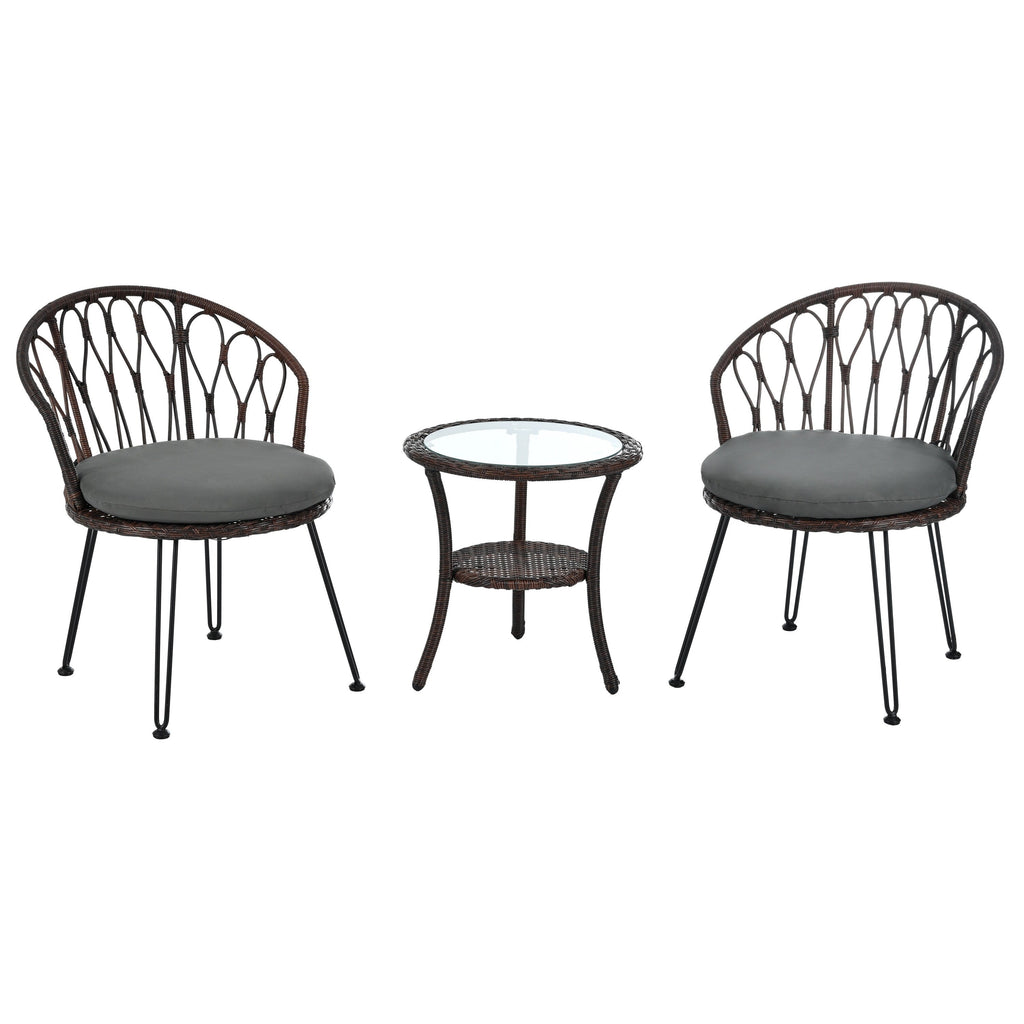 Ensemble de 3 chaises de jardin en rotin pour loisirs et conversation, avec 2 chaises et une table basse en verre