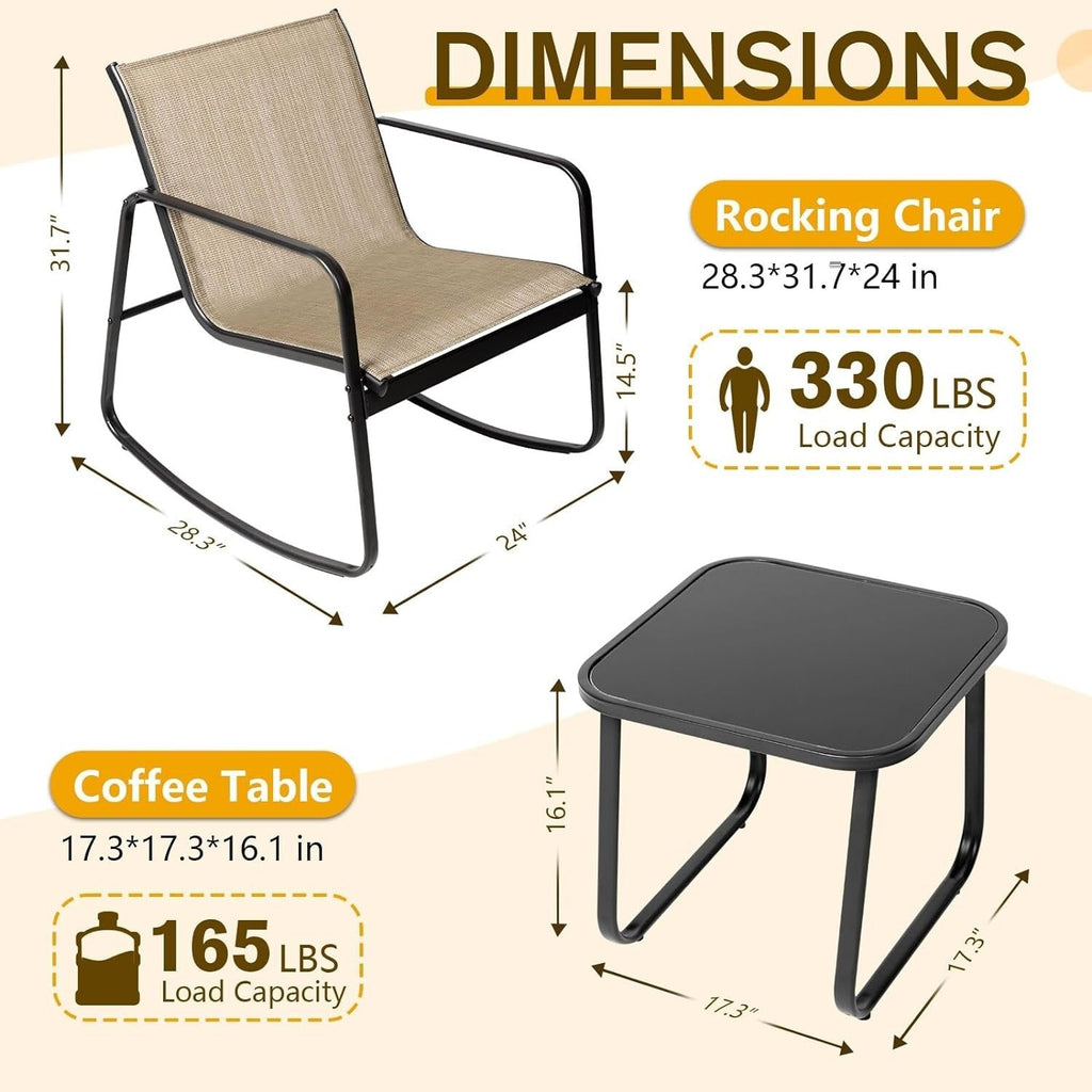 Ensemble bistro 3 pièces pour patio extérieur avec chaises à bascule et table basse en verre