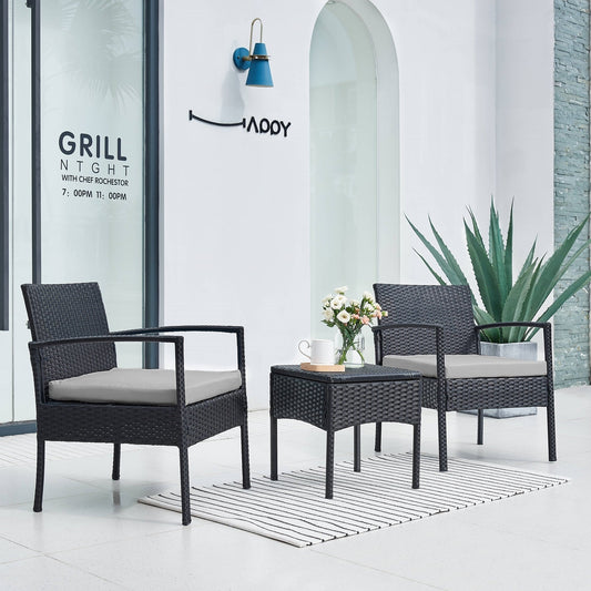Ensemble de meubles de jardin 3 pièces, ensemble de chaises de conversation en rotin avec table d'appoint et coussins