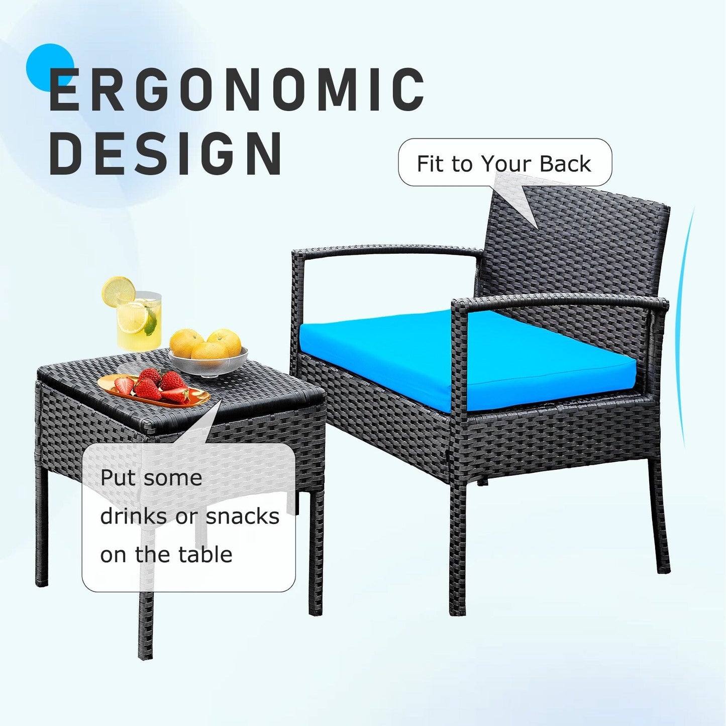 Ensemble de meubles de jardin 3 pièces, ensemble de chaises de conversation en rotin avec table d'appoint et coussins