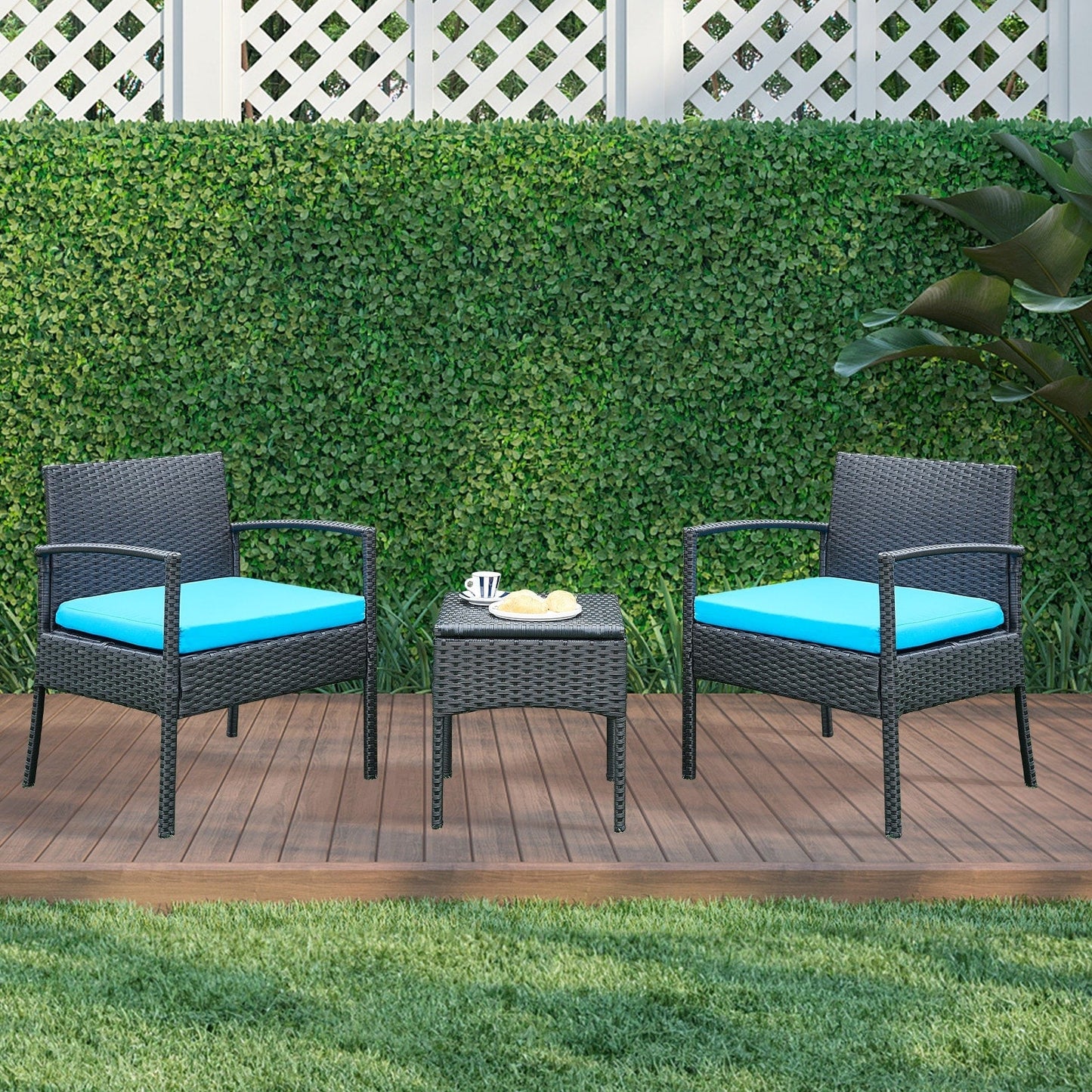 Ensemble de meubles de jardin 3 pièces, ensemble de chaises de conversation en rotin avec table d'appoint et coussins