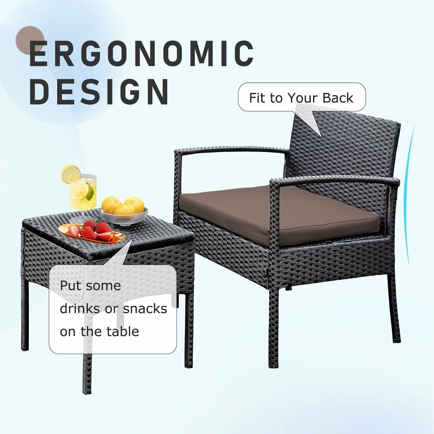 Ensemble de meubles de jardin 3 pièces, ensemble de chaises de conversation en rotin avec table d'appoint et coussins