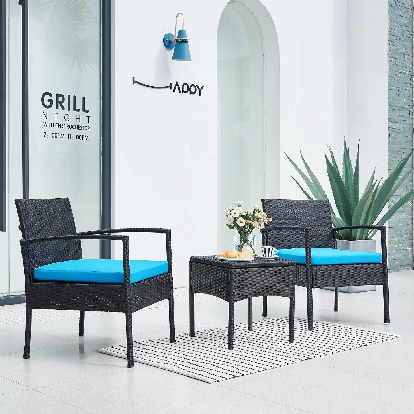 Ensemble de meubles de jardin 3 pièces, ensemble de chaises de conversation en rotin avec table d'appoint et coussins