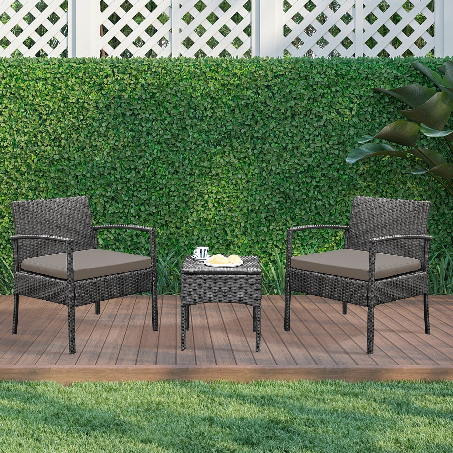Ensemble de meubles de jardin 3 pièces, ensemble de chaises de conversation en rotin avec table d'appoint et coussins