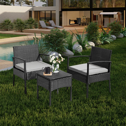 Ensemble de meubles de jardin 3 pièces, ensemble de chaises de conversation en rotin avec table d'appoint et coussins