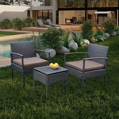 Ensemble de meubles de jardin 3 pièces, ensemble de chaises de conversation en rotin avec table d'appoint et coussins