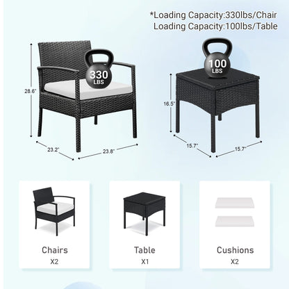 Ensemble de meubles de jardin 3 pièces, ensemble de chaises de conversation en rotin avec table d'appoint et coussins
