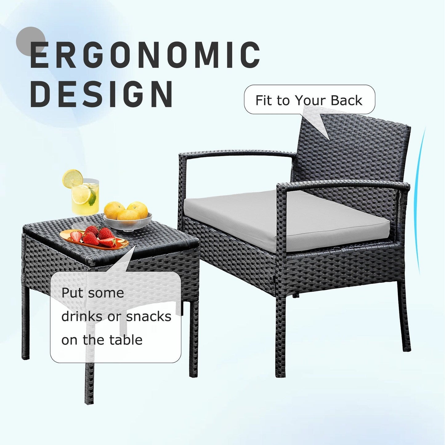 Ensemble de meubles de jardin 3 pièces, ensemble de chaises de conversation en rotin avec table d'appoint et coussins