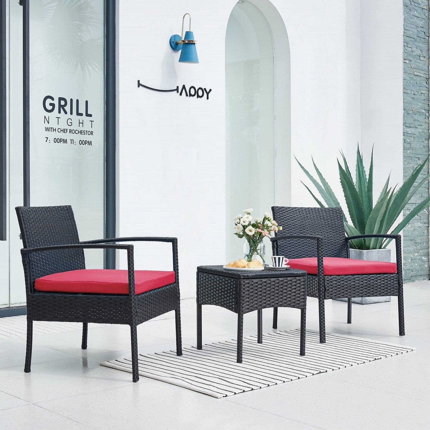 Ensemble de meubles de jardin 3 pièces, ensemble de chaises de conversation en rotin avec table d'appoint et coussins