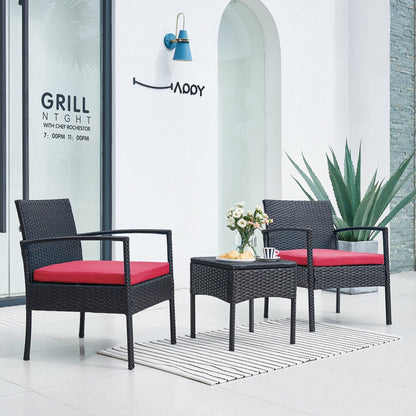 Ensemble de meubles de jardin 3 pièces, ensemble de chaises de conversation en rotin avec table d'appoint et coussins