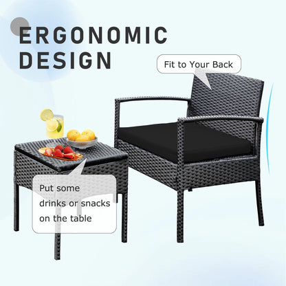 Ensemble de meubles de jardin 3 pièces, ensemble de chaises de conversation en rotin avec table d'appoint et coussins