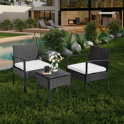 Ensemble de meubles de jardin 3 pièces, ensemble de chaises de conversation en rotin avec table d'appoint et coussins