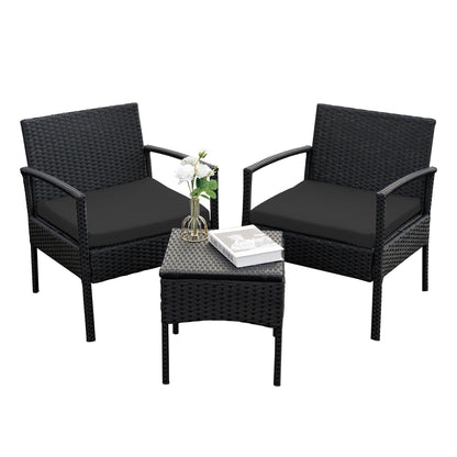Ensemble de meubles de jardin 3 pièces, ensemble de chaises de conversation en rotin avec table d'appoint et coussins