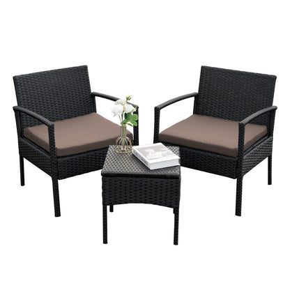 Ensemble de meubles de jardin 3 pièces, ensemble de chaises de conversation en rotin avec table d'appoint et coussins