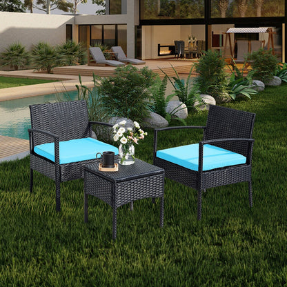 Ensemble de meubles de jardin 3 pièces, ensemble de chaises de conversation en rotin avec table d'appoint et coussins