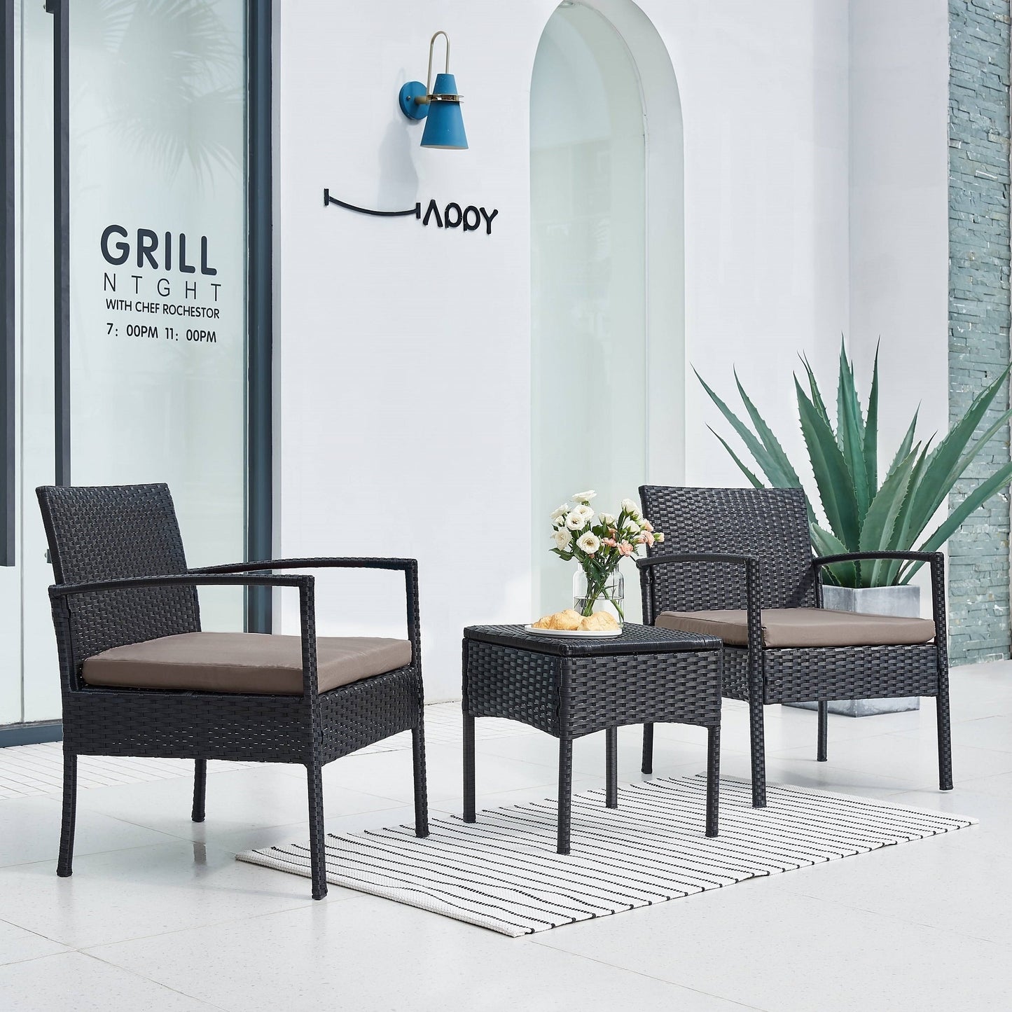Ensemble de meubles de jardin 3 pièces, ensemble de chaises de conversation en rotin avec table d'appoint et coussins