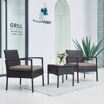 Ensemble de meubles de jardin 3 pièces, ensemble de chaises de conversation en rotin avec table d'appoint et coussins