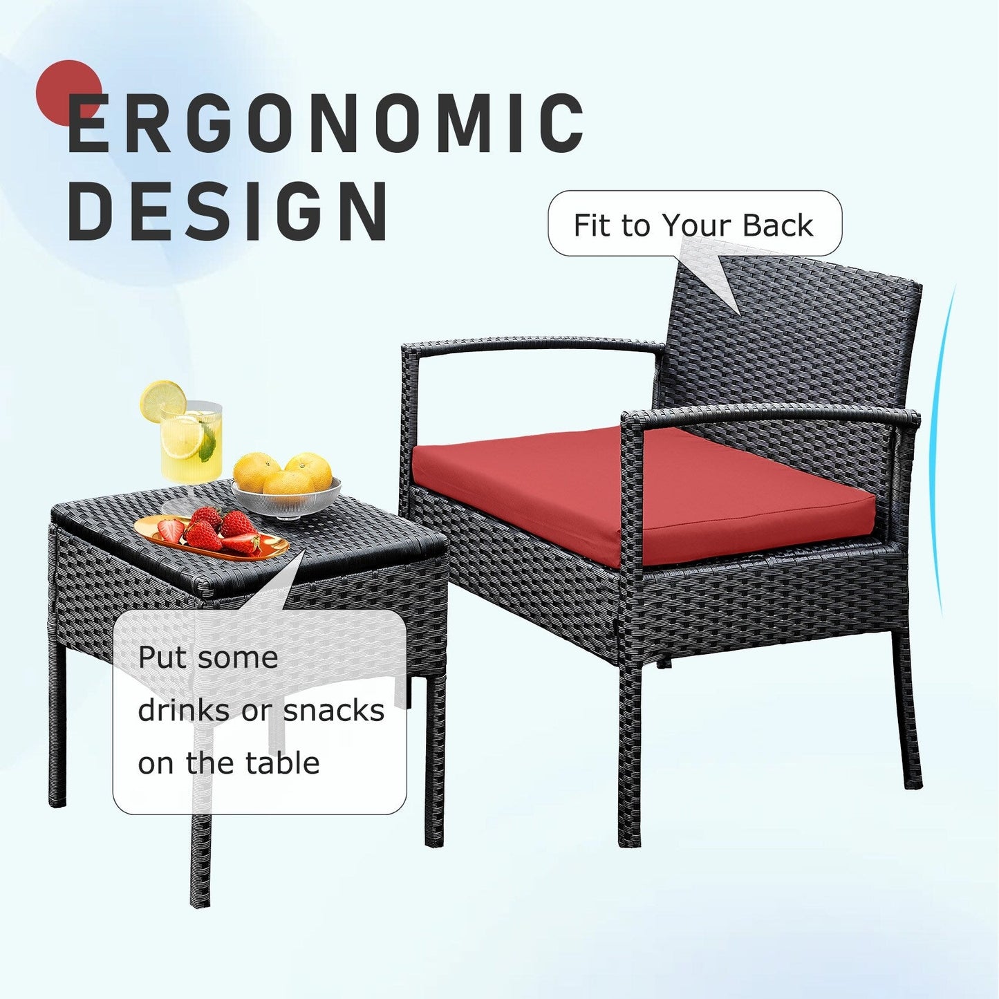 Ensemble de meubles de jardin 3 pièces, ensemble de chaises de conversation en rotin avec table d'appoint et coussins