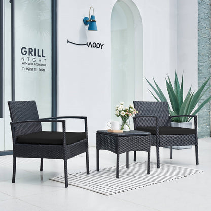 Ensemble de meubles de jardin 3 pièces, ensemble de chaises de conversation en rotin avec table d'appoint et coussins