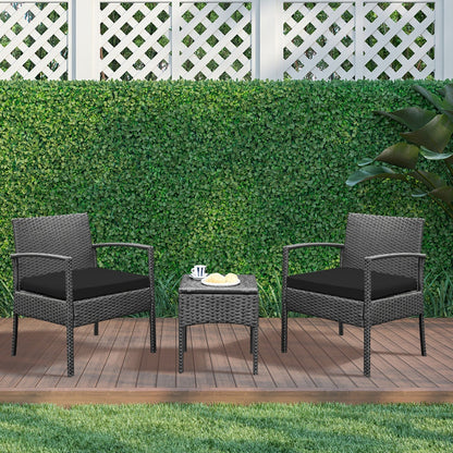 Ensemble de meubles de jardin 3 pièces, ensemble de chaises de conversation en rotin avec table d'appoint et coussins