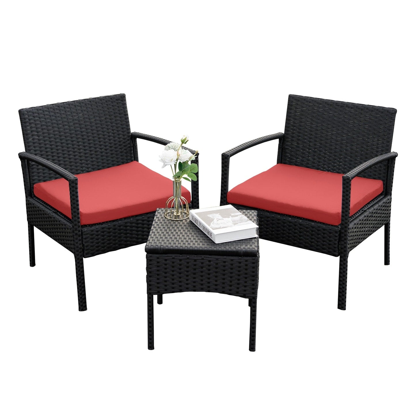 Ensemble de meubles de jardin 3 pièces, ensemble de chaises de conversation en rotin avec table d'appoint et coussins