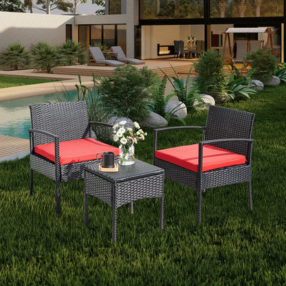 Ensemble de meubles de jardin 3 pièces, ensemble de chaises de conversation en rotin avec table d'appoint et coussins