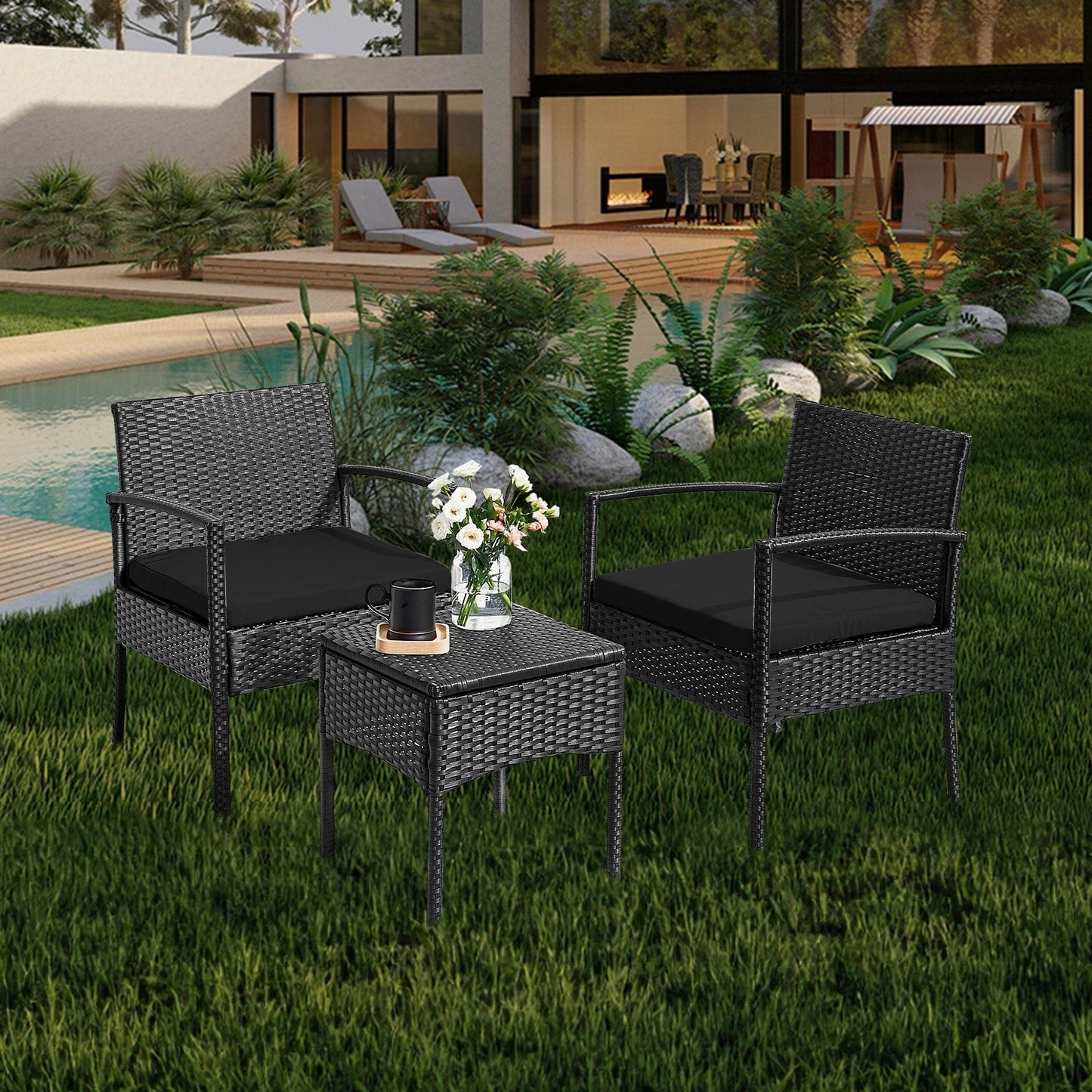 Ensemble de meubles de jardin 3 pièces, ensemble de chaises de conversation en rotin avec table d'appoint et coussins