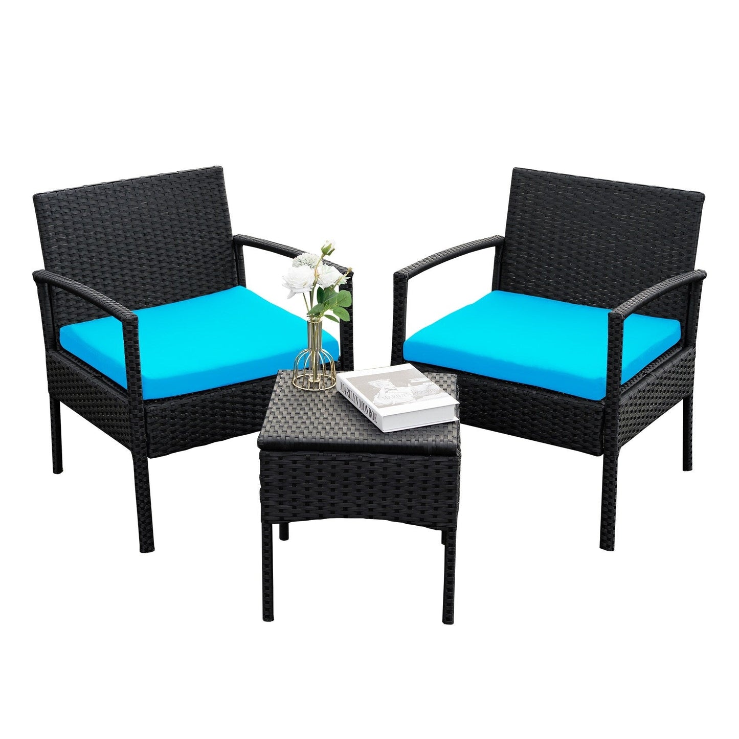 Ensemble de meubles de jardin 3 pièces, ensemble de chaises de conversation en rotin avec table d'appoint et coussins