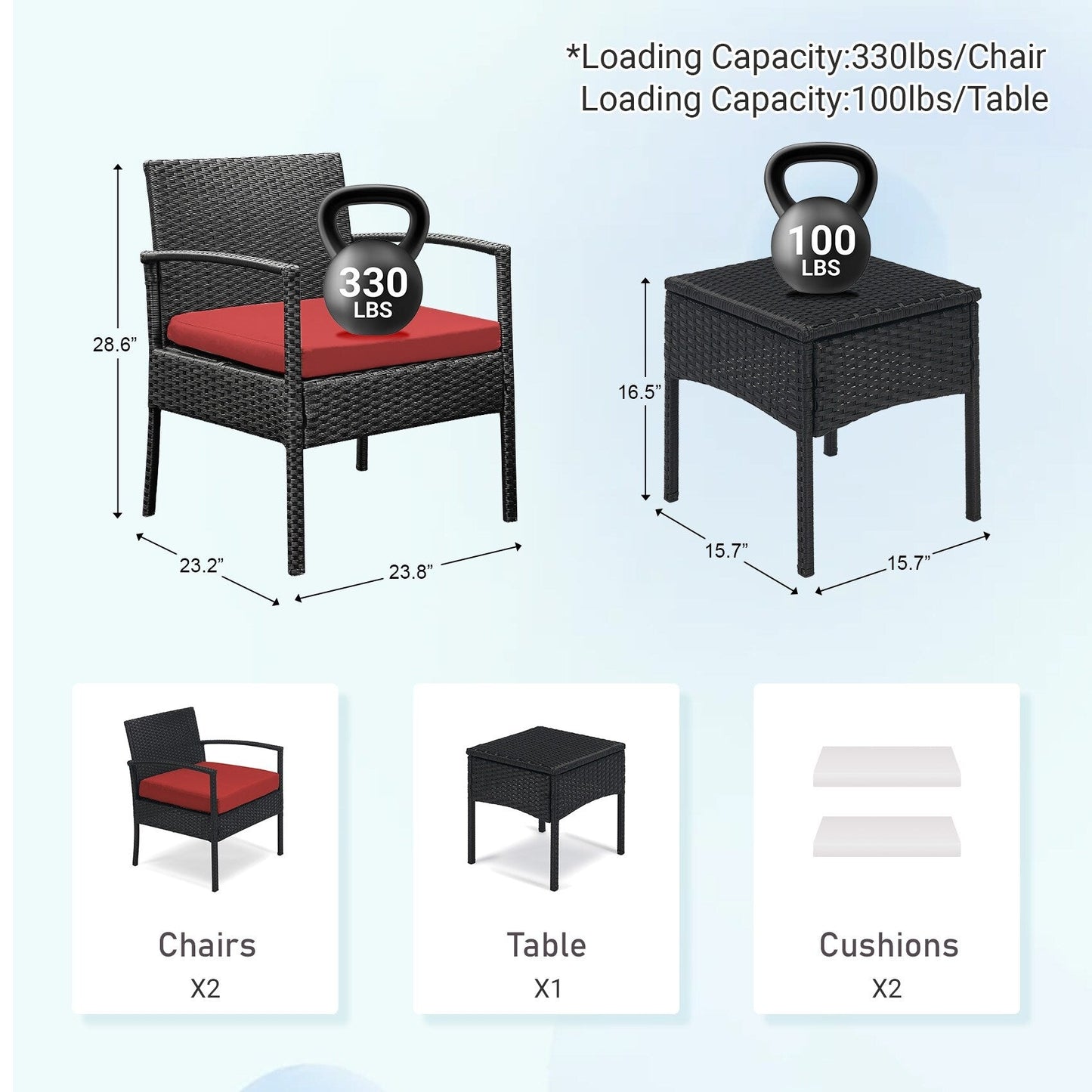 Ensemble de meubles de jardin 3 pièces, ensemble de chaises de conversation en rotin avec table d'appoint et coussins