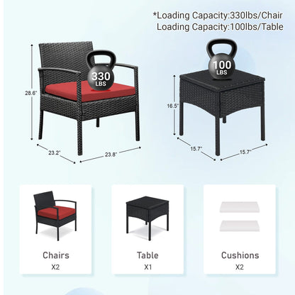 Ensemble de meubles de jardin 3 pièces, ensemble de chaises de conversation en rotin avec table d'appoint et coussins