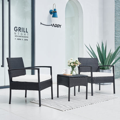 Ensemble de meubles de jardin 3 pièces, ensemble de chaises de conversation en rotin avec table d'appoint et coussins