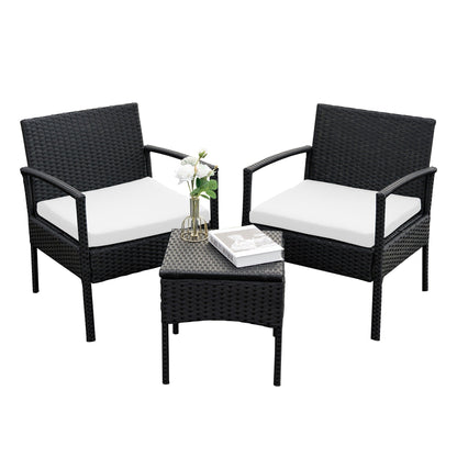 Ensemble de meubles de jardin 3 pièces, ensemble de chaises de conversation en rotin avec table d'appoint et coussins