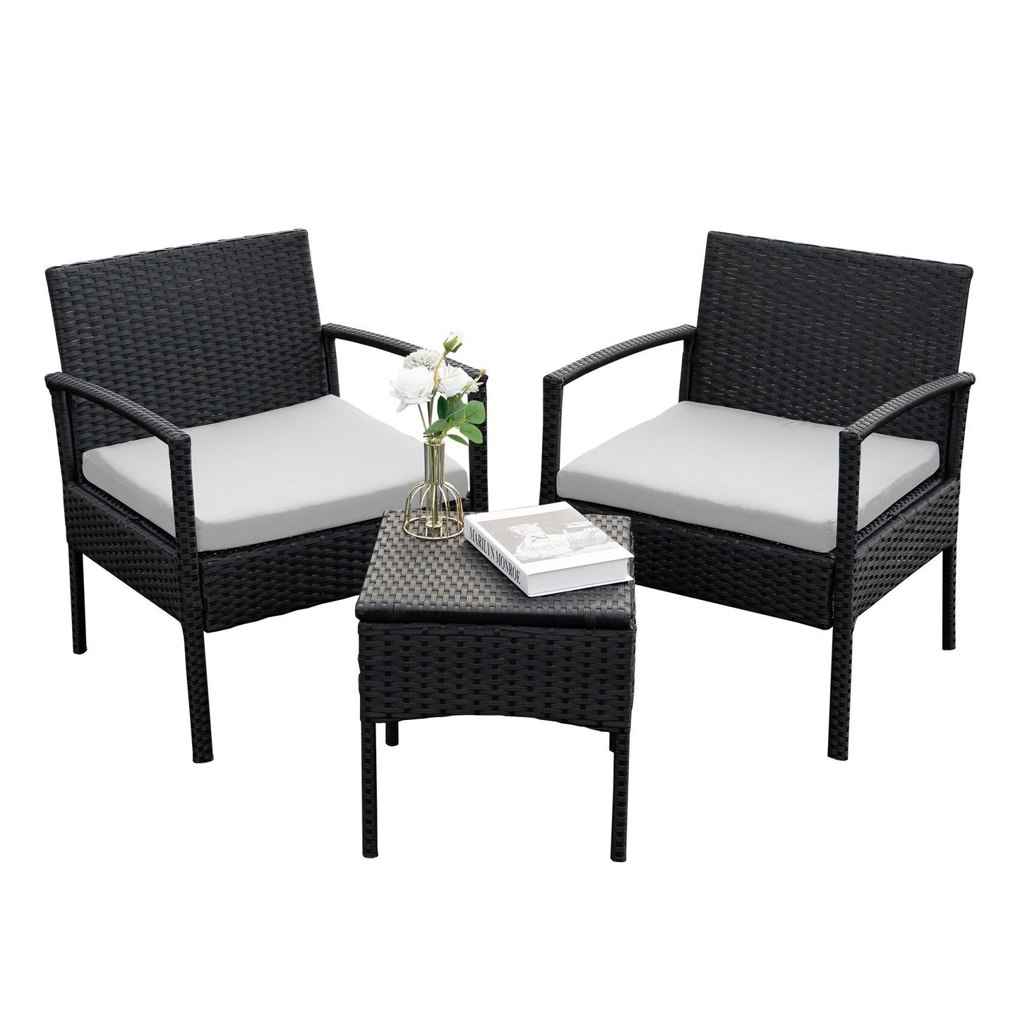 Ensemble de meubles de jardin 3 pièces, ensemble de chaises de conversation en rotin avec table d'appoint et coussins