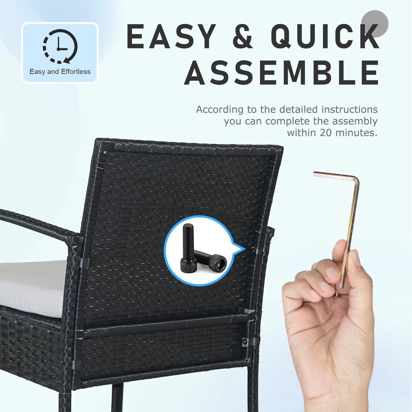 Ensemble de meubles de jardin 3 pièces, ensemble de chaises de conversation en rotin avec table d'appoint et coussins